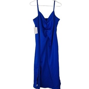 NWT Eloquii Royal Blue Satin Slip Midi Party Dress Side Slits Ruched Front 14